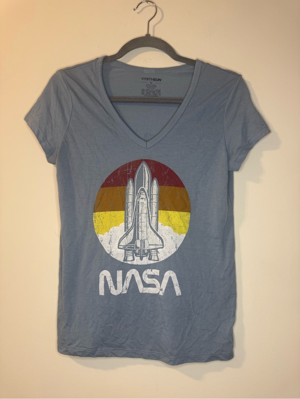 NASA T Shirt Women’s M Fifth Sun Space Shuttle Graphic Gray Blue V Neck